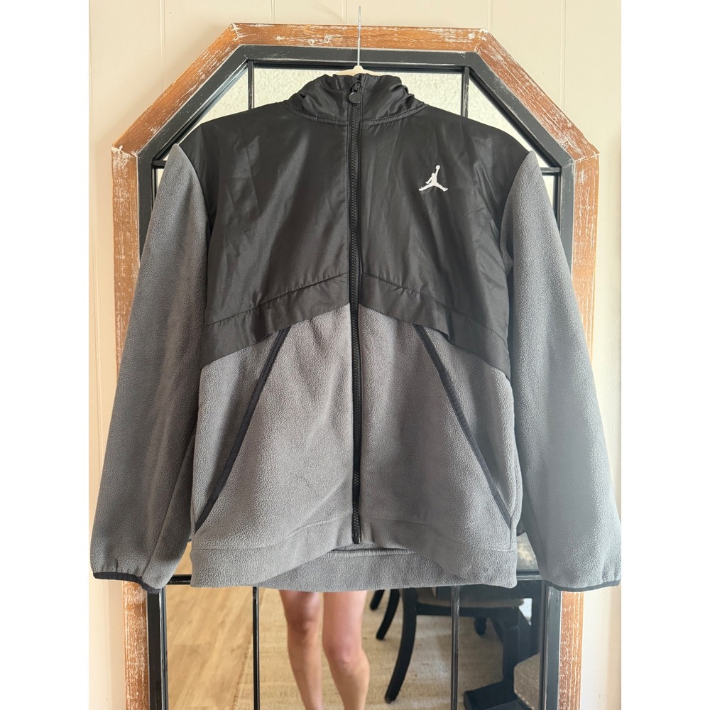 Jordan Boys Large 12-13 Black Gray Fleece Full Zip Hooded Jacket Jumpman